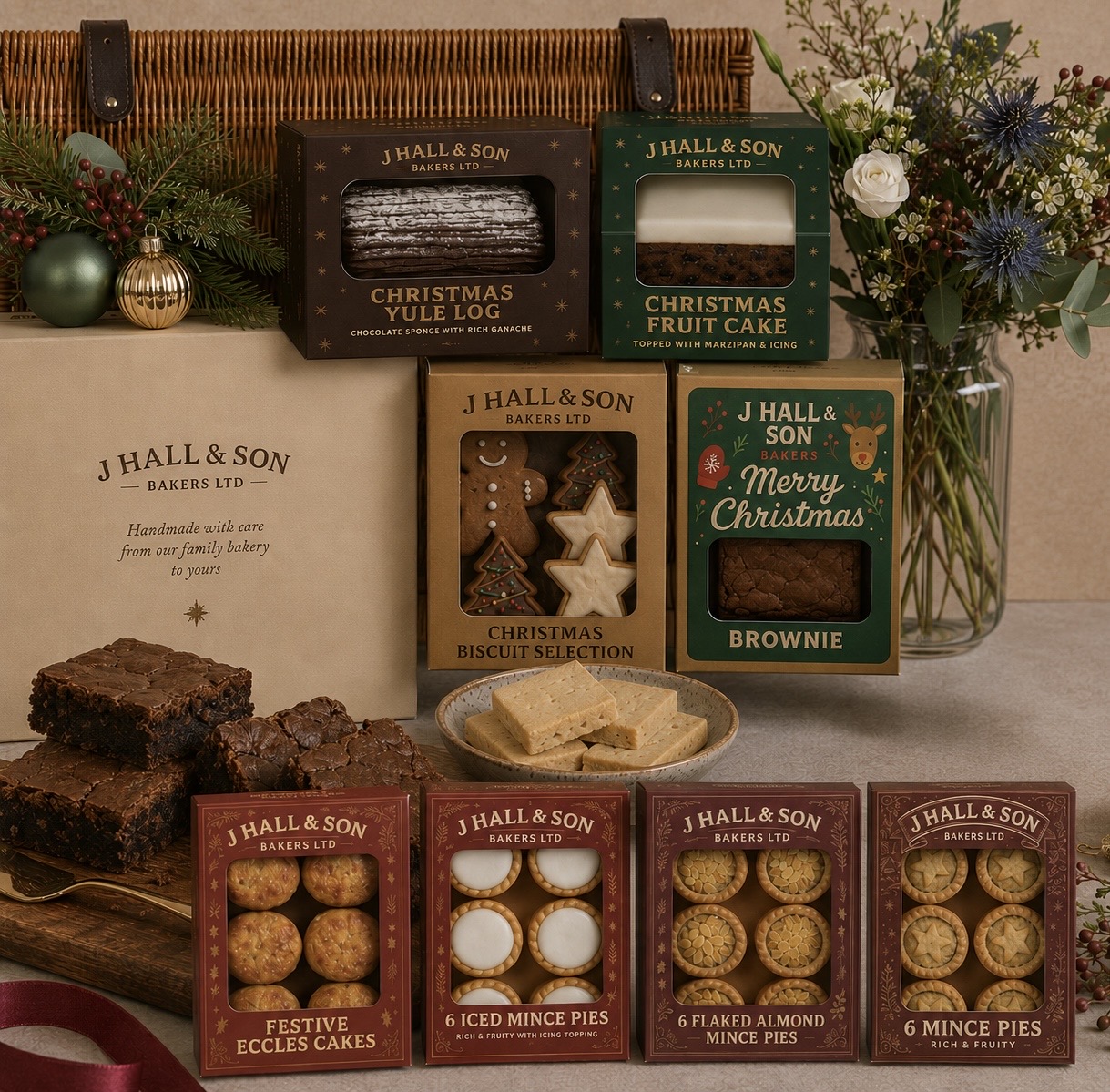 A luxury wicker Christmas hamper filled with brownies, iced cake and traditional bakes
